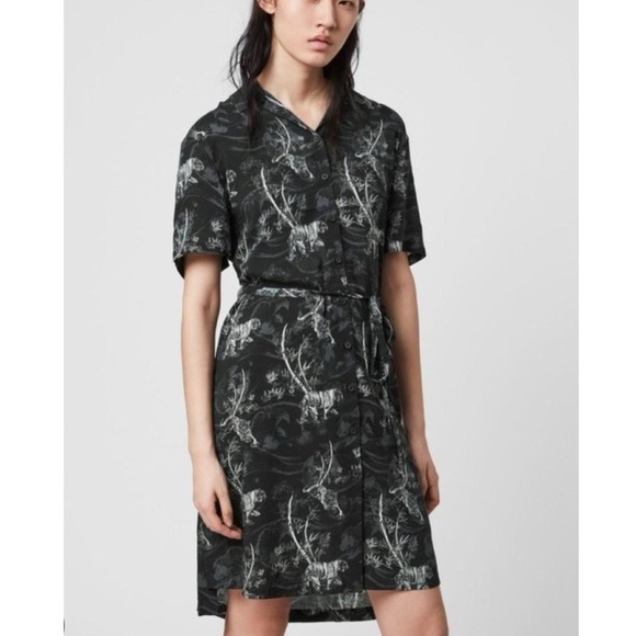 ALL SAINTS ATHEA STRENGTH PRINTED MIDI DRESS-BLACK TIGER PRINT SIZE S - Picture 1 of 15